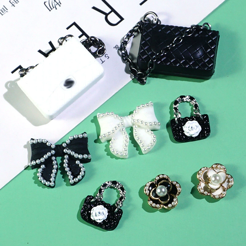 Набор заколок для волос DIY, стиль Chanel, сумочки и банты, кремовые/чёрные с имитацией жемчуга