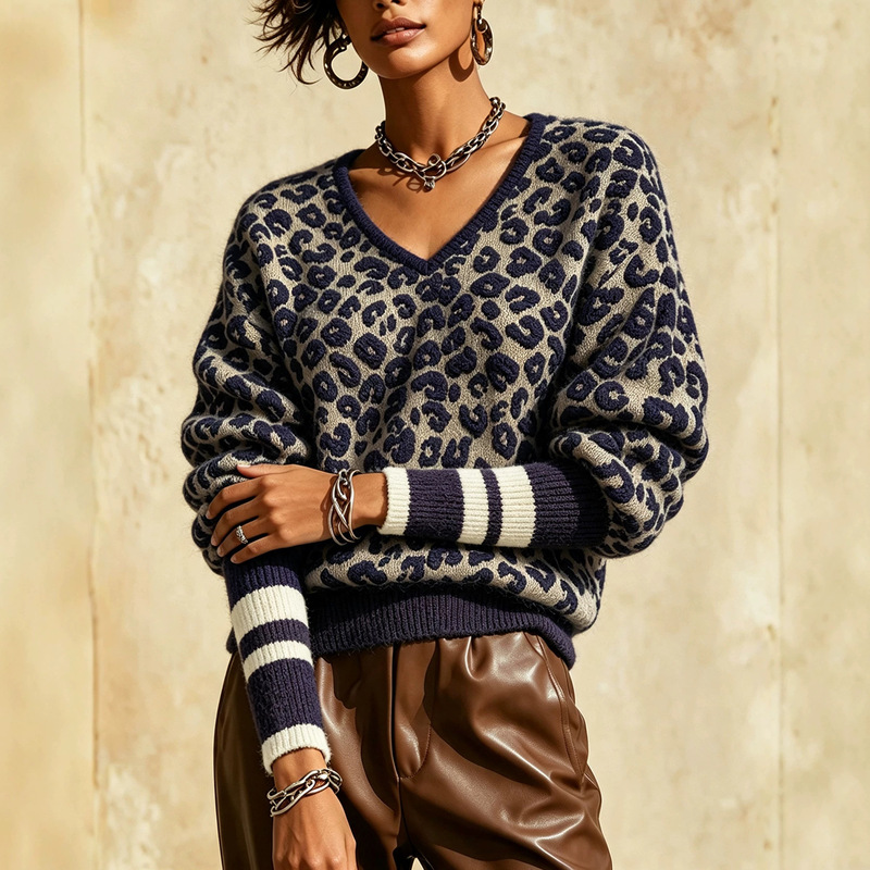 New autumn and winter cross-border women's leopard print jacquard knit sweater with V-neck, striped cuffs, and loose ribbed design New autumn and winter cross-border women's leopard print jacquard knit sweater with V-neck, striped cuffs, and loose ribbed design
