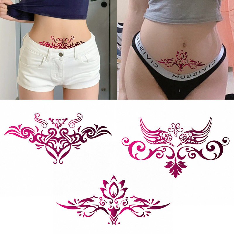 Women's waist tattoo sticker, burgundy gradient vine lotus wings temporary sticker