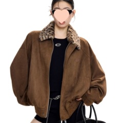 拼接豹纹翻领夹克复古外套秋季美式鹿皮绒宽松休闲夹克
