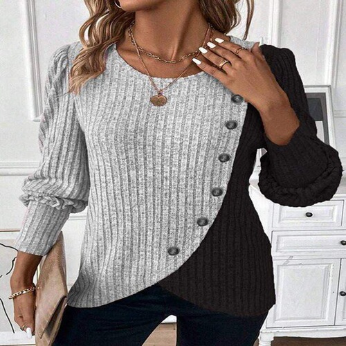 2024 new cross-border foreign trade European and American women Z round neck color-blocking pit strip cross hem long sleeve spring and autumn knitted T-shirt