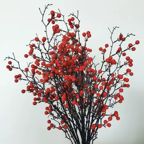 红色发财果红果子假花客厅年宵花新年招财摆件北美冬青浆果仿真花