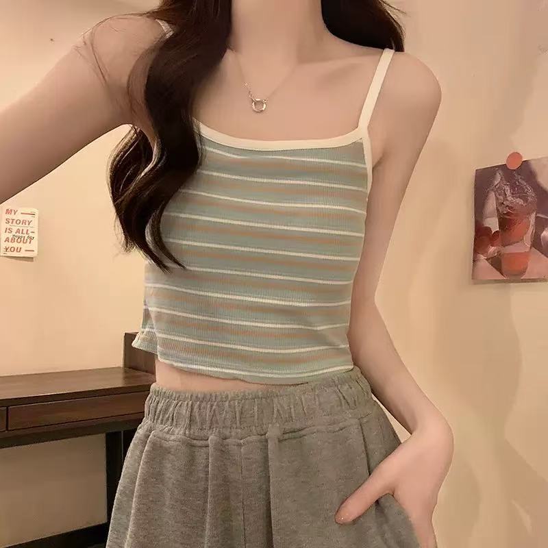 Pure Cotton Vest with Chest Pad Hot Girl Outer Wear Beautiful Back Sling Underwear Inner Slim-fit All-match Striped Base Shirt Girl