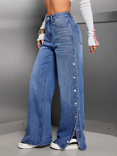 2025 New Arrival: European and American Cross-Border Women's Clothing—High-Waisted, Loose-Fit, Buttoned, Design-Details Straight-Leg Jeans