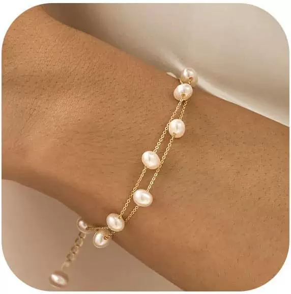 New Fashion Simple Women's Double Layer Freshwater Pearl Bracelet Inlaid Pearl 14K Real Gold Bracelet Simple Style