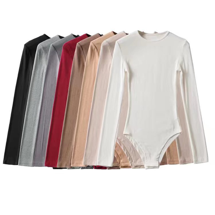 Kardashian-Style Basic Long-Sleeve T-Shirt for Women, Ribbed Cotton Stretch Slim-Fit Bodysuit, Spring and Autumn Base Layer Jumpsuit