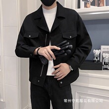 2023秋冬新款潮流休闲外套男士潮牌短款夹克时尚痞帅方领外穿批发