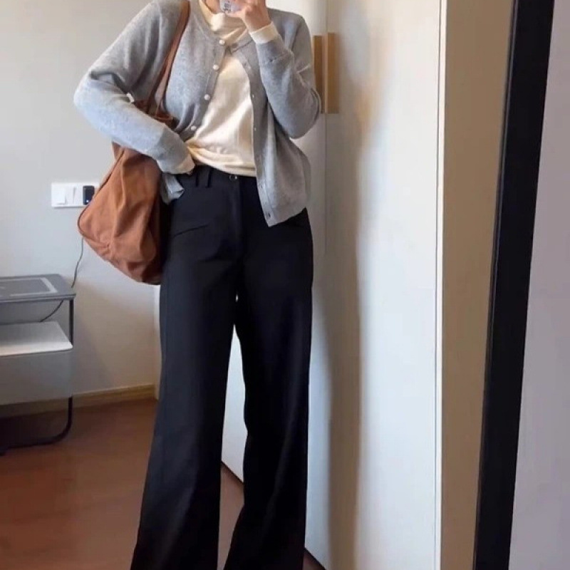 黑色大码窄版西装裤女2025新款胖mm高腰垂感休闲弧裤宽松阔腿裤子|undefined