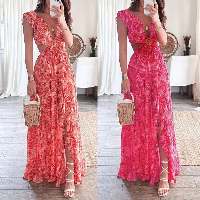 Regular Fit Fit Type Wholesale Women's Vacation Printing Pleated Printing Holiday Beach V Neck Sleeveless Regular Dress