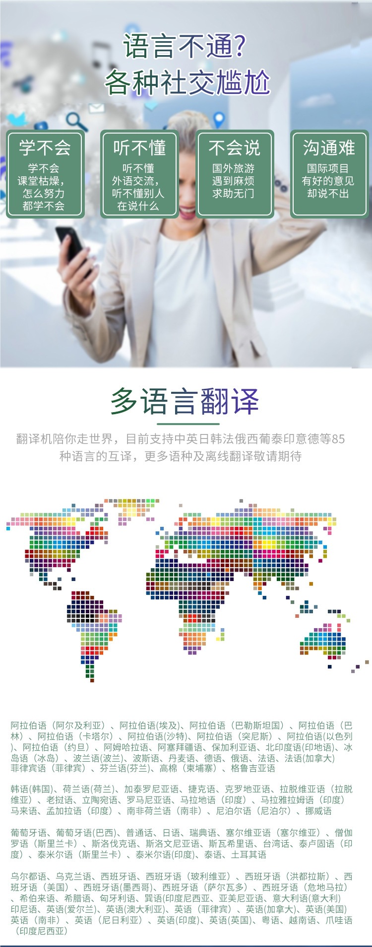 Simultaneous interpretation by multi-language translation machine, offline intelligent English learning, overseas travel, including Chinese, English, Japanese, Korean, French, German and Russian full figure