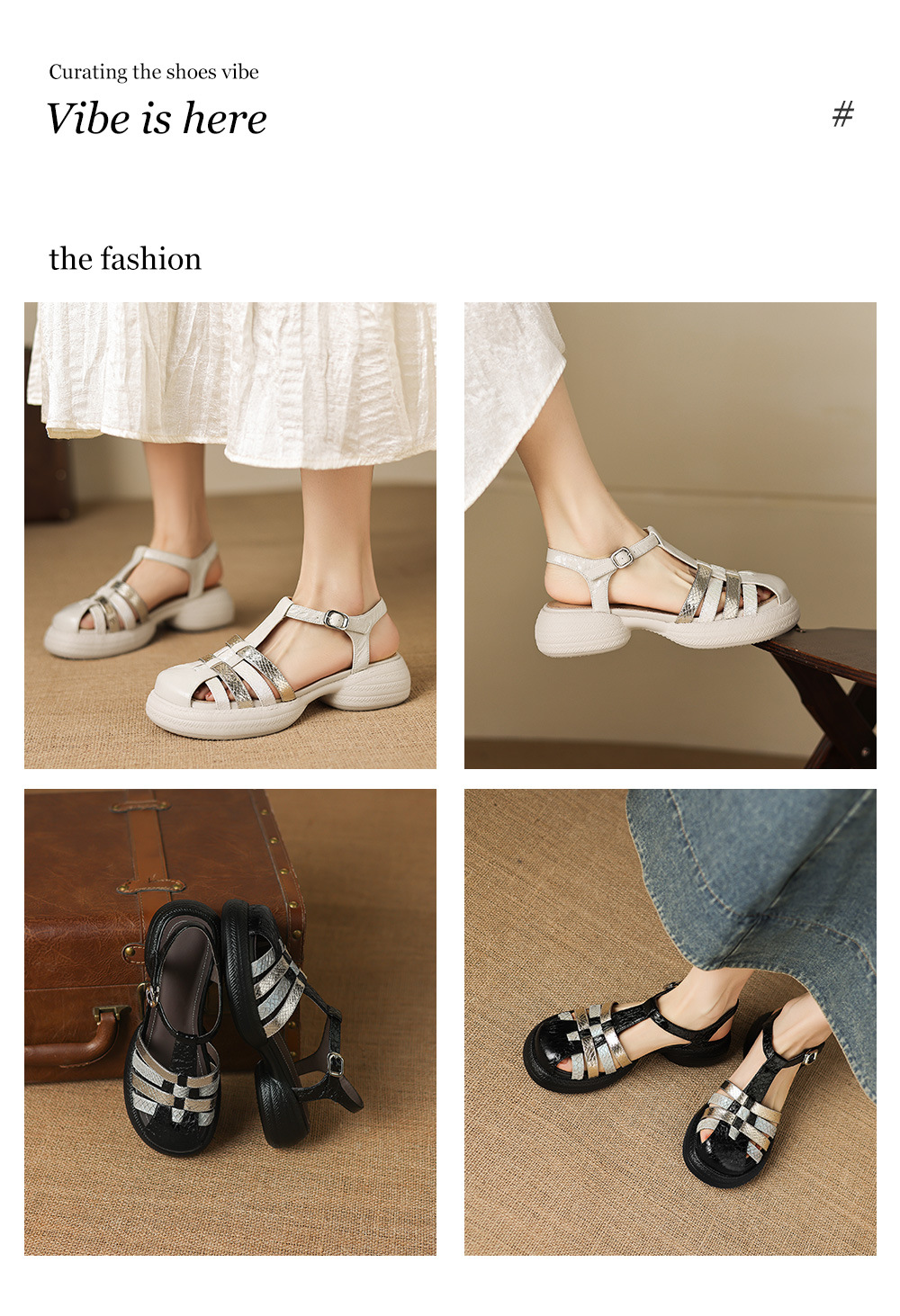 Sandal nữ da cừu dệt màu phối mũi kín quai chữ T, đế dày 4 cm, phong cách La Mã — đen chi tiết 1