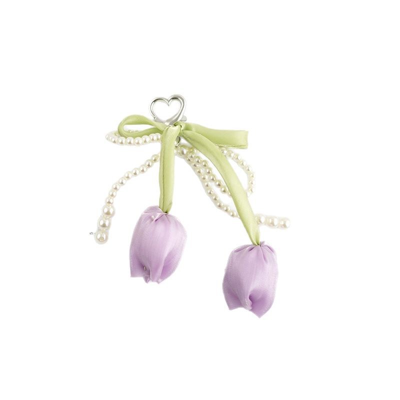 Venta caliente todo fósforo tulipán perla rosa serpentina arco púrpura colgante amor llavero bolso colgante