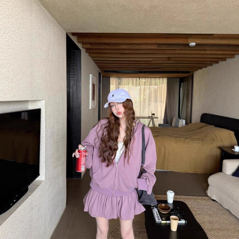 复古连帽破洞短款辣妹卫衣外套花苞短裙女2025秋季新款时尚两件套|undefined