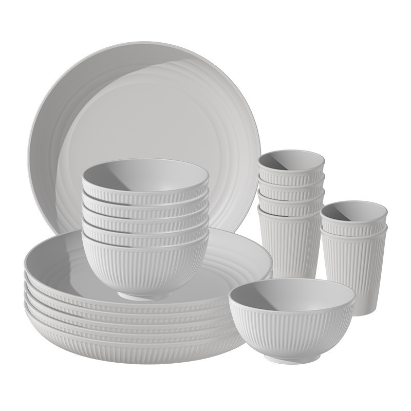 Cross-Border Hot Selling Wheat Straw Dishes and Plates 18Pcs Tableware Set Vertical Pattern Pp Tableware Plastic Dinner Plate Cup and Bowl Set
