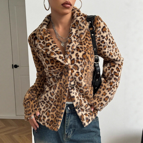 -53658#Women's clothing European and American INS new style buckle lapel thick leopard coat