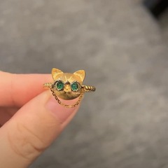 ファッション合金眼鏡猫造形指輪アクセサリー金色チェーン流蘇かわいい開口デザイン