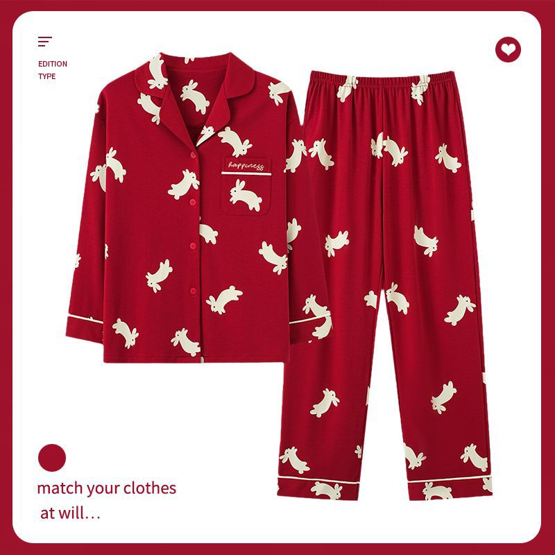 Pijamas de mujer 100% algodón de manga larga primavera y otoño año de nacimiento de conejo rojo boda de Mujer talla grande homewear