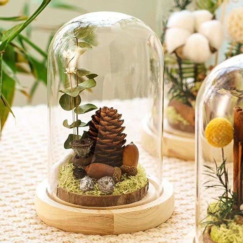 Flor de madera imortales flores secas cubierta de vidrio espécimen de plantas decoración para el hogar regalos de madera para el día de la madre