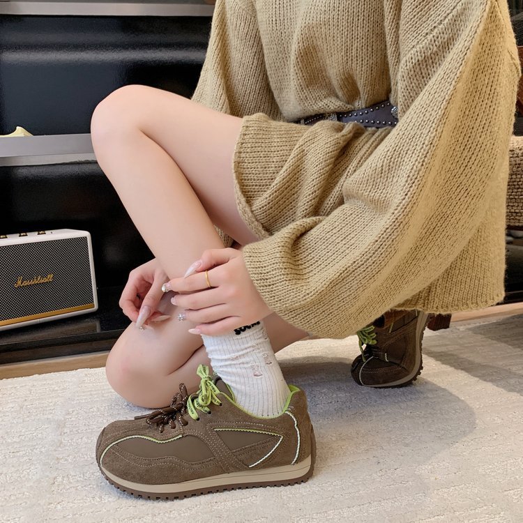 周雨彤同款真皮女鞋跳跳糖复古红色芭蕾德训鞋内增高休闲鞋子预|undefined