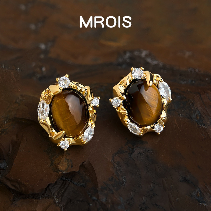 Natural Tiger Eye Stone! Designer Micro-Paved Zircon Electroplated 18K Real Gold Color-Preserving Geometric High-End Earrings