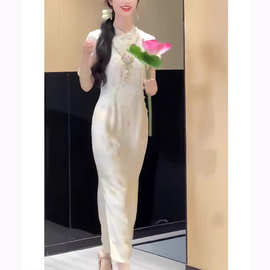 复古新中式气质名媛御姐风改良旗袍长裙独特漂亮碎花绿色连衣裙夏