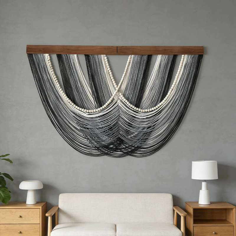 Gray cotton rope gradient tassel tapestry home decoration tapestry bohemian cross-border wall hanging wooden beads decoration
