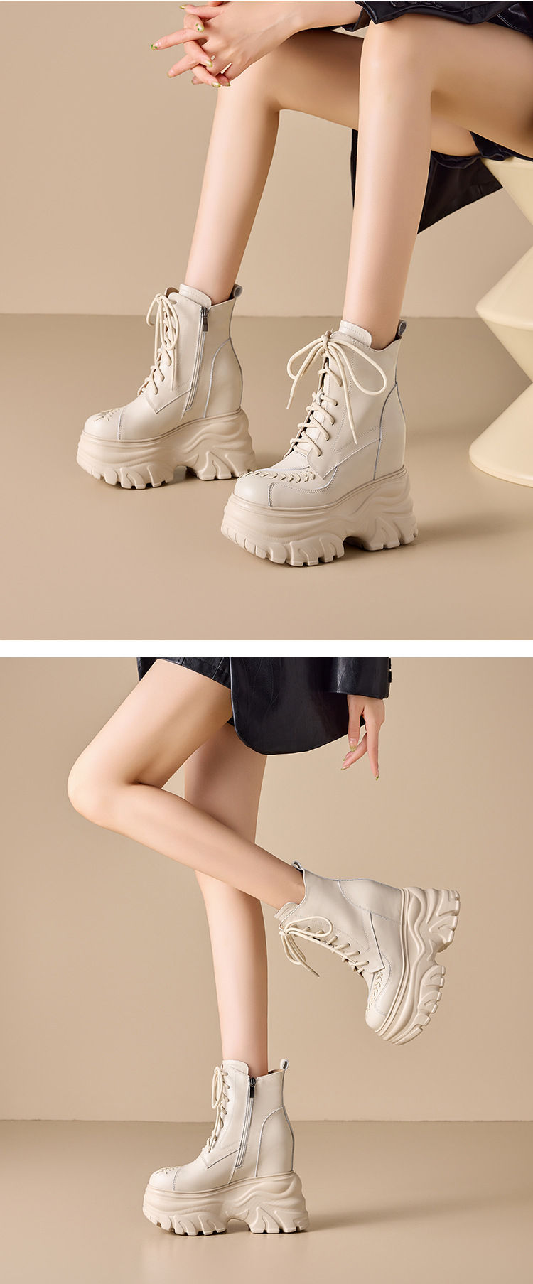 Giày boot Martin đế dày 14 cm phong cách phương Tây, nhẹ nhàng sang trọng — Lớp lót nhung đen chi tiết 4