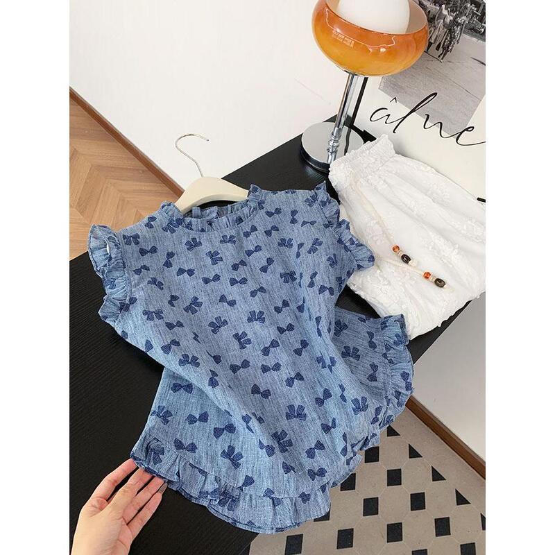 Korean-style sweet bow print sleeveless shirt for women, summer fashion ruffle edge top Korean-style sweet bow print sleeveless shirt for women, summer fashion ruffle edge top