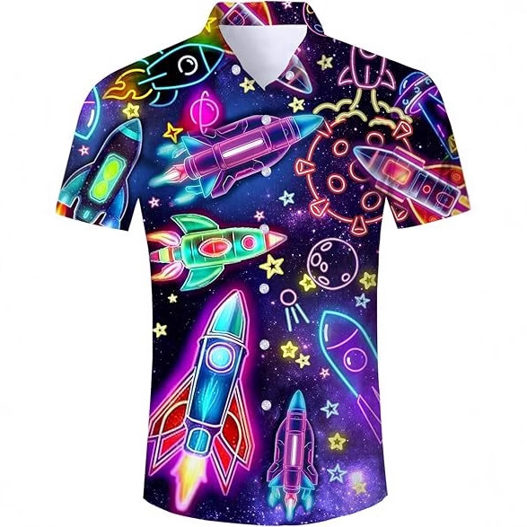 Divertido y creativo 3D impresión digital para hombres verano casual salvaje suelta camisa de solapa con botones de manga corta en stock