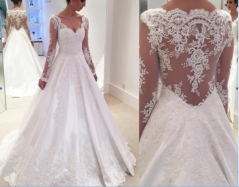 Lace off-shoulder long sleeve deep V sexy bridal trailing wedding dress 2022 new wedding dress