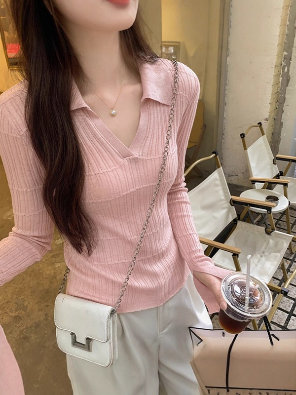 polo领喇叭长袖白色针织打底衫女新款入秋高级感穿搭修身显瘦上衣|undefined