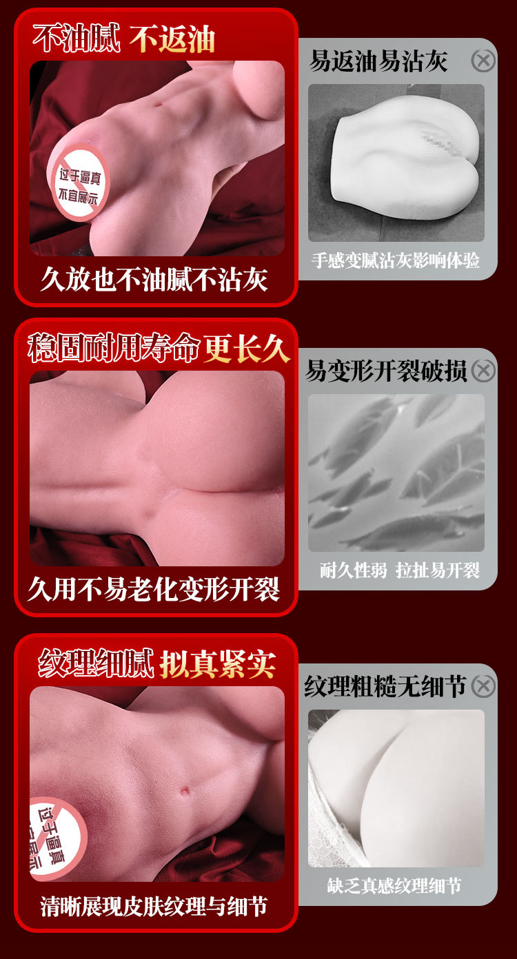 Jiuai Silicone Mold Male Masturbator, Vibrating Half-Body Hip Toy, Skin Tone — detail image 10