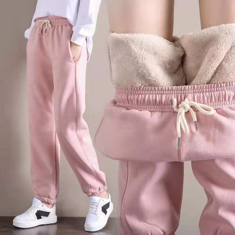 Women's Casual Pants for Winter, Warm Sports Pants with Faux Lamb Fleece, Korean Style Harem Pants for Students, High-Waisted and Slimming