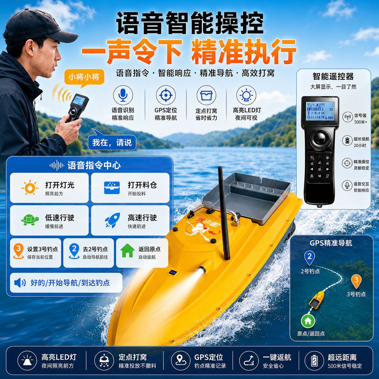 Voice-activated baiting boat with sonar fish finder, high-power net pulling boat, hook bait delivery boat, sonar fish finder baiting boat