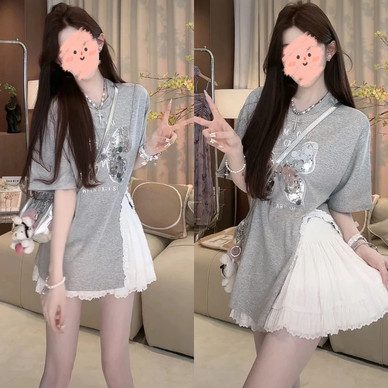 Summer Loose and Sweet-Looking Short-Sleeved Top with Butterfly Sequin Design and Slit Lace for Women