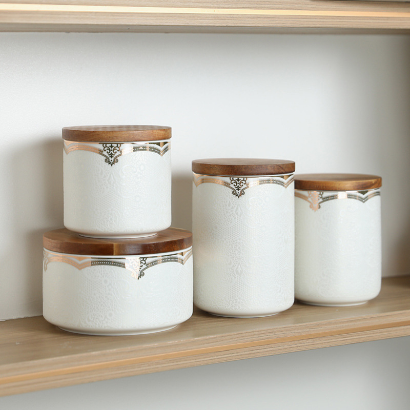 Tarro de almacenamiento de cerámica simple y moderno, tarro de almacenamiento de azúcar, tarro sellado con patrón en relieve, combinación de tarros pequeños, adornos decorativos