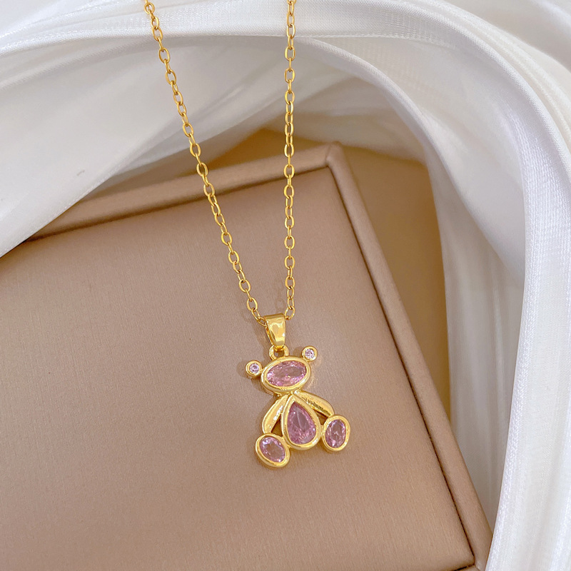 Gorgeous Pink Bear Pendant Necklace - Versatile Titanium Steel_voghion.com