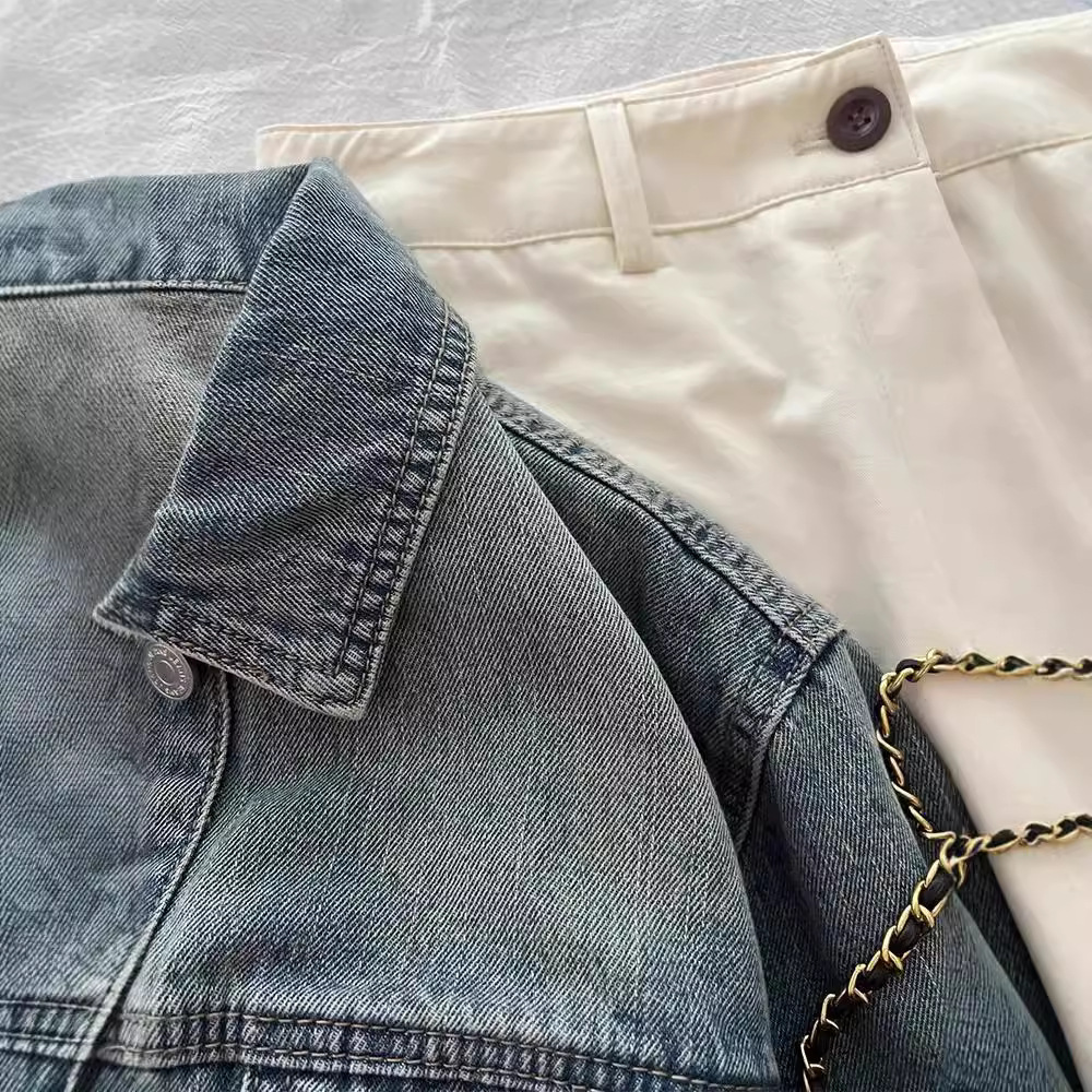 Women's Clothing Vintage Blue Lapel Denim Coat Women's Early Spring Loose All-match Hong Kong-style Jacket Short Top_voghion.com