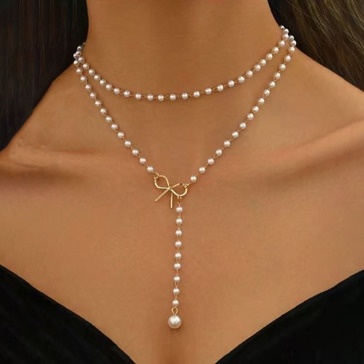 欧美跨境仿珍珠项链 Y形蝴蝶结锁骨链设计高级感时尚流苏吊坠项饰