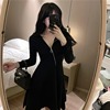 Round neck slant open zipper solid color A-line umbrella swing skirt knitted skirt long sleeve dress