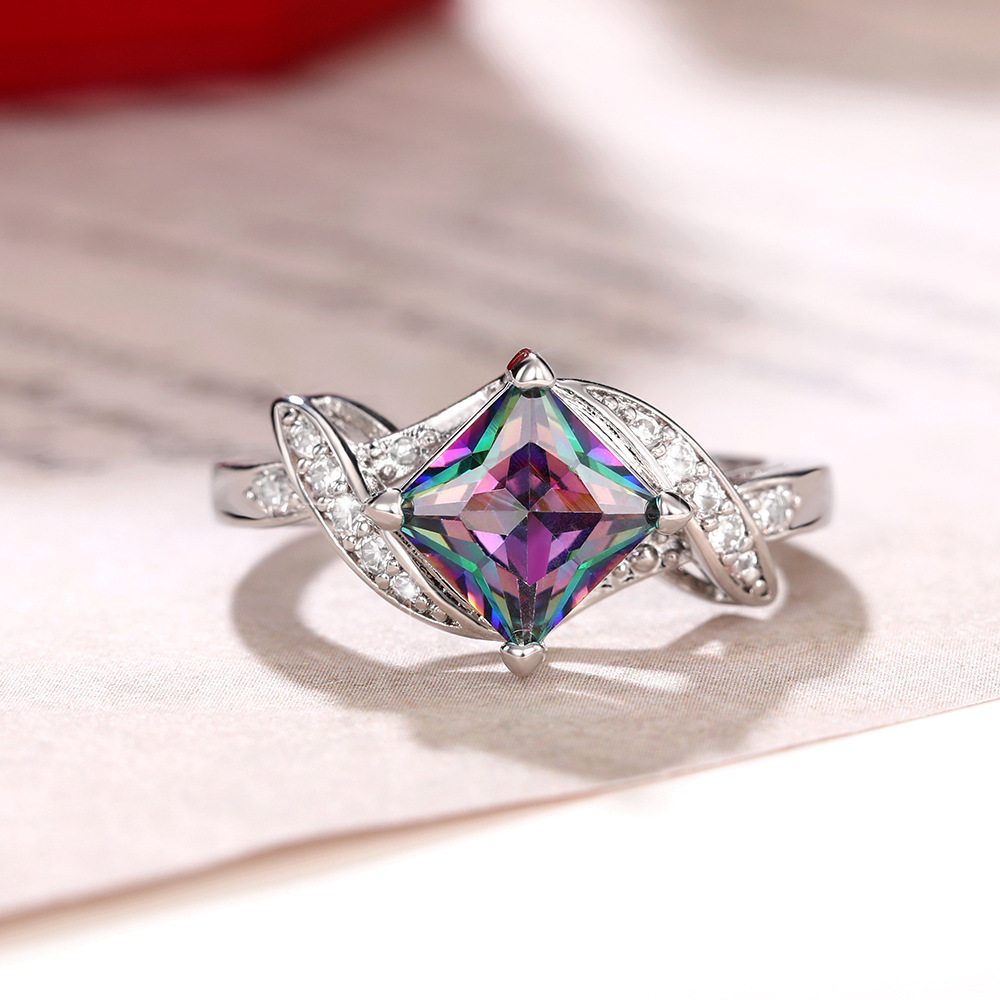 Bunter Zirkonring Für Damen, Eleganter Quadratischer Modeschmuck_voghion.com