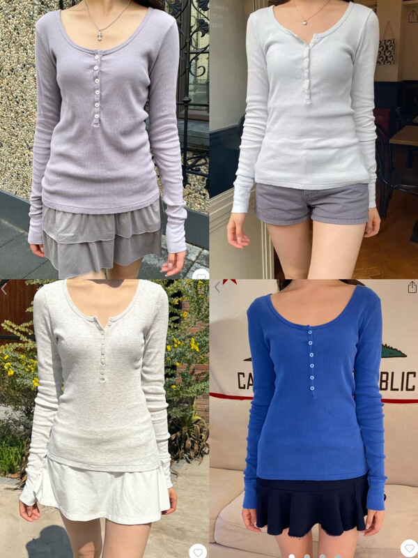 Bm Style Multi-Color Round Neck Six-Button Button Slim Long-Sleeved T-Shirt Women's Bm Slimming Look Basic Bottoming Top Bm Style Multi-Color Round Neck Six-Button Button Slim Long-Sleeved T-Shirt Women's Bm Slimming Look Basic Bottoming Top