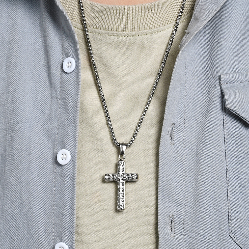 Collana da uomo con croce e occhio di Allah in acciaio al titanio, ciondolo retrò in stile artistico._voghion.com