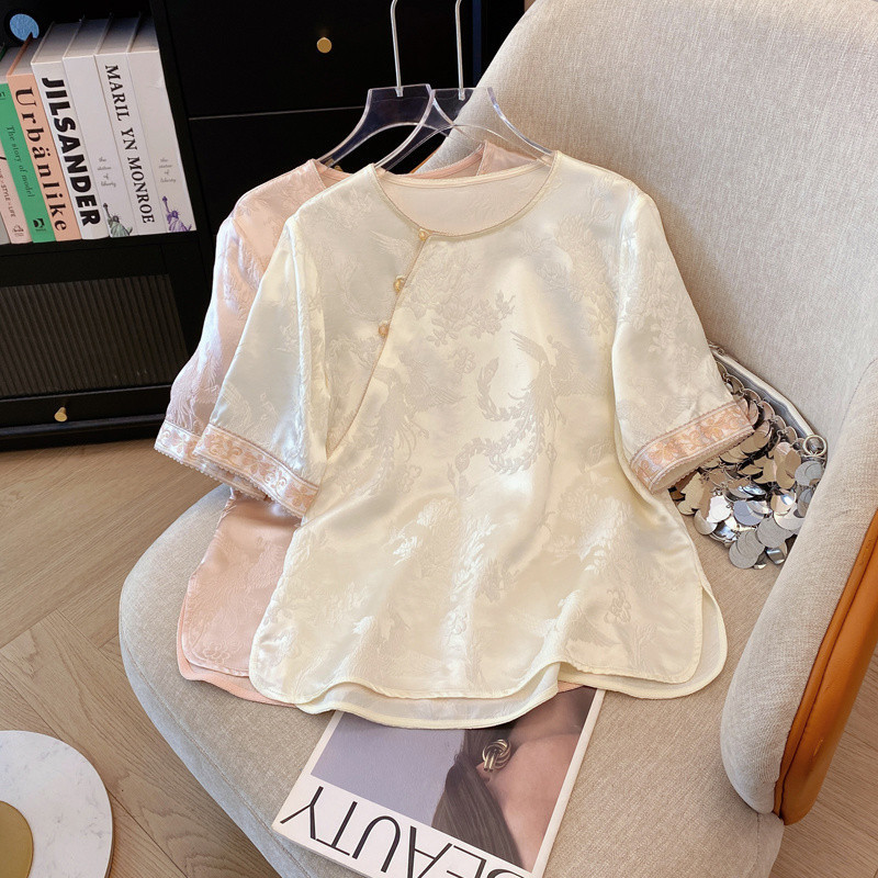 D6C Round Neck Embroidered Satin Chic Button Short-Sleeved Shirt for Women 2025 Summer New Style New Chinoiserie Embroider