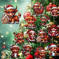 12個セットのかわいい漫画風ハイランド牛木製クリスマスデコレーション、ホリデーギフト、木製クリスマスオーナメント卸売