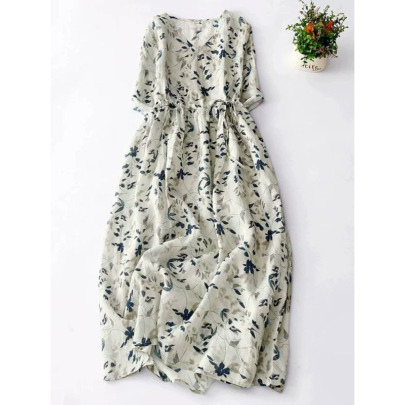 Экспортная элегантная женская одежда, литературное платье из рами, новый стиль 2025 года, иностранный стиль, уменьшающее возраст хлопковое и льняное платье-рубашка с цветочным принтом