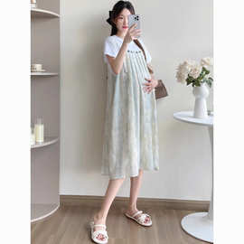 孕妇装2025夏装新款宽松显瘦气质薄荷扎染假两件孕期甜美连衣裙子