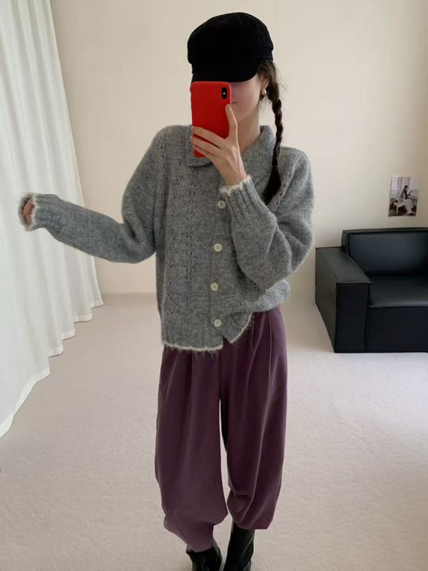 初秋高级简约拼色边长袖开衫减龄小众温柔百搭新款软糯针织外套女|undefined