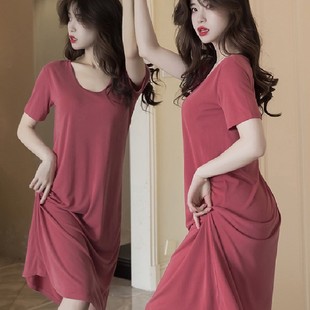 2022 Loose Solid Color Short Sleeve Nightdress with Chest Pad Milk Silk Outer Wearable Home Dress