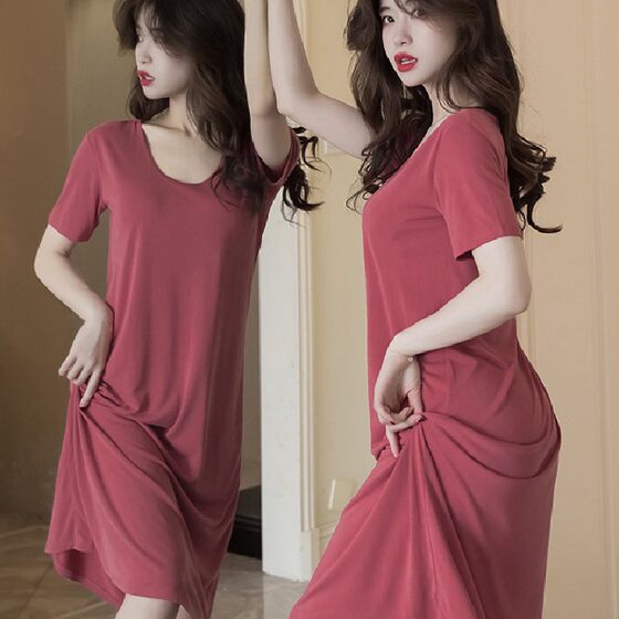 2022 Loose Solid Color Short Sleeve Nightdress with Chest Pad Milk Silk Outer Wearable Home Dress